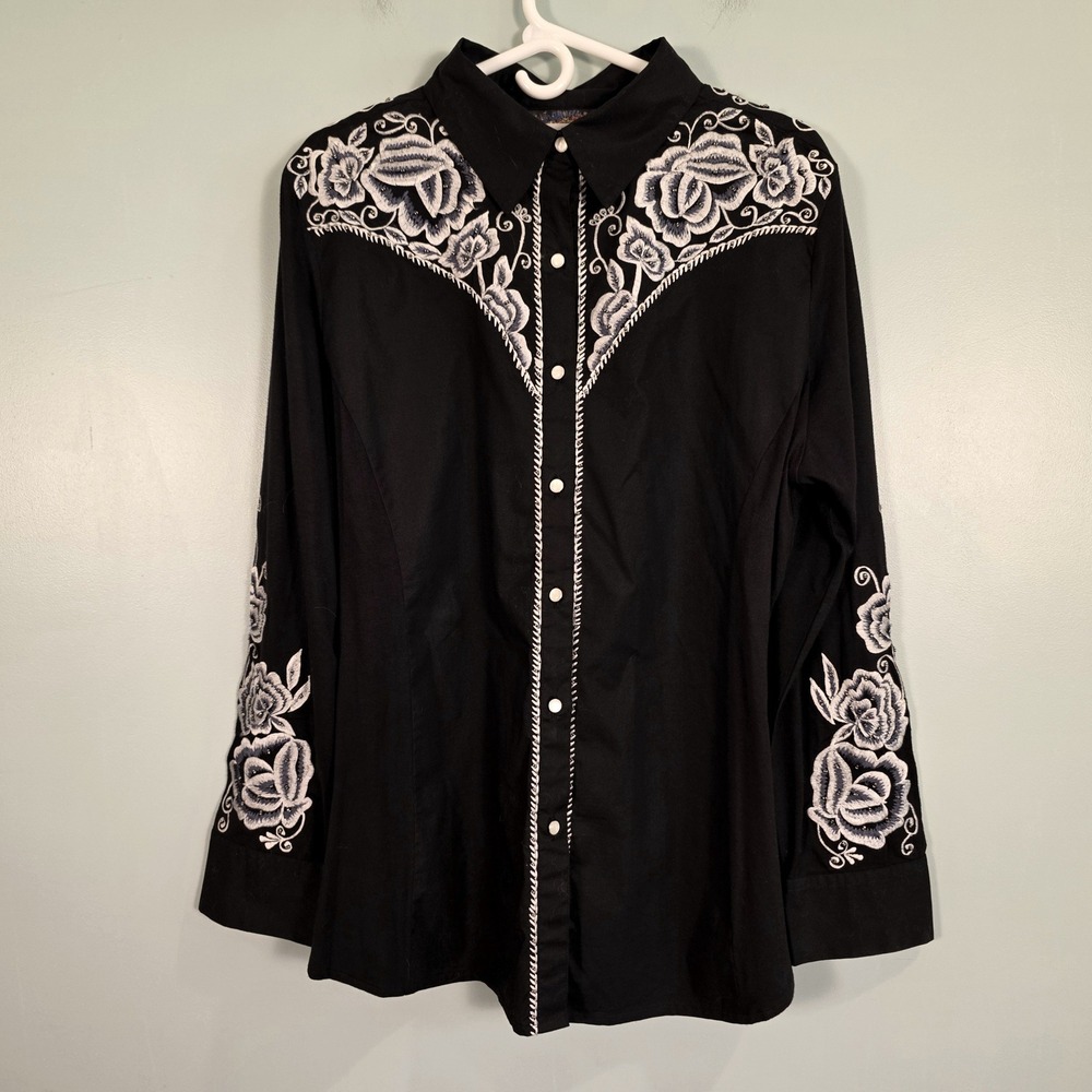 Vintage Collection Black Western Floral Embroidered Snap Pearl Button Shirt XL